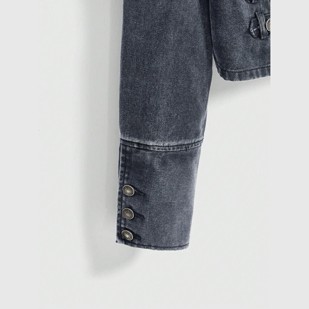 Gray Denim Military Band Jacket with Silver Button Trim - Picture 6 of 7